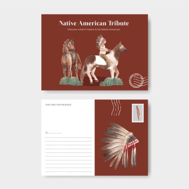 Amerikan yerlisi konsepti olan bir kartpostal şablonu, suluboya stil