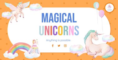 Tek boynuzlu at kavramlı ilan panosu şablonu, suluboya stil