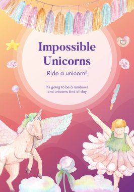 Tek boynuzlu at kavramlı poster şablonu, suluboya stil