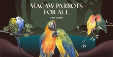 Papağan kuşu konsepti ve suluboya şablonu.