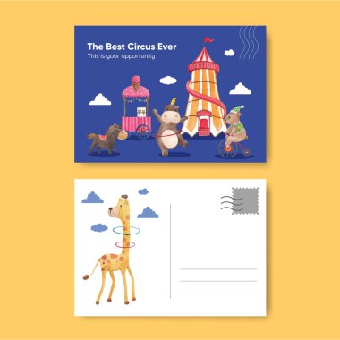 Sirk panayırı konsepti olan bir kartpostal şablonu, suluboya stil