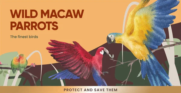 Anslagstavla Mall Med Macaw Papegoja Fågel Koncept Akvarell Stil — Stock vektor