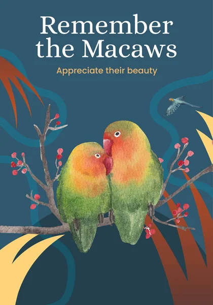 マカオのオウムの鳥の概念 水彩風のポスターテンプレート — ストックベクタ