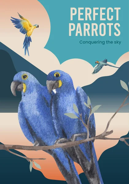 Affisch Mall Med Macaw Papegoja Fågel Koncept Akvarell Stil — Stock vektor