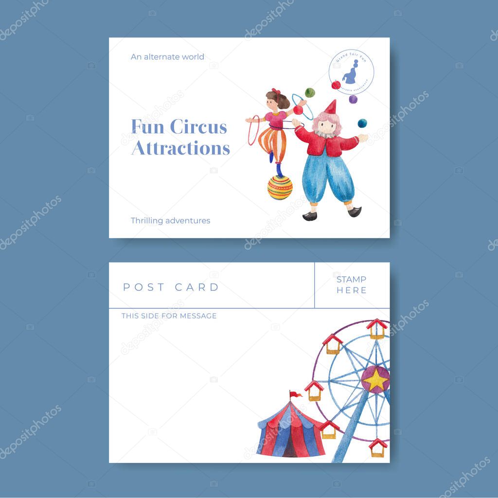 Postcard template with circus funfair concept,watercolor styl