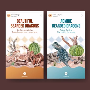 Sakallı ejderha hayvan konseptiyle Instagram şablonu, suluboya stil