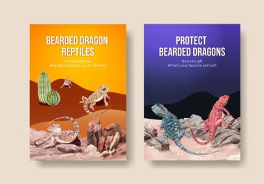 Sakallı ejderha hayvan konsepti olan poster şablonu, suluboya stil.