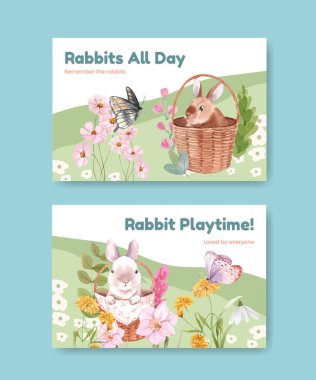 Tatlı tavşan konseptiyle Facebook şablonu, suluboya stil
