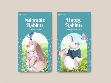Tatlı tavşan konseptiyle Instagram şablonu, suluboya stil