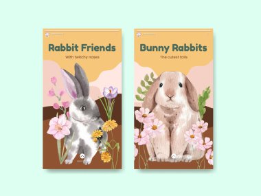 Tatlı tavşan konseptiyle Instagram şablonu, suluboya stil