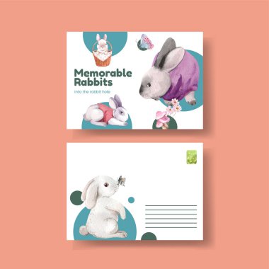 Şirin tavşan konseptli bir kartpostal şablonu, suluboya stil.