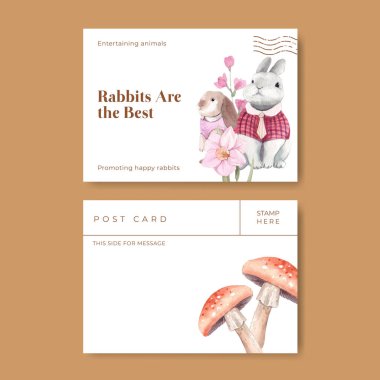 Şirin tavşan konseptli bir kartpostal şablonu, suluboya stil.