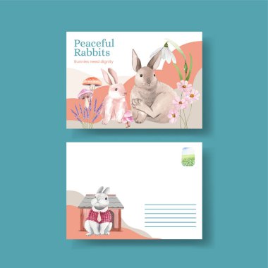 Şirin tavşan konseptli bir kartpostal şablonu, suluboya stil.