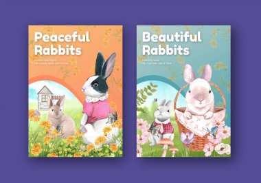 Şirin tavşan konseptli bir kartpostal şablonu, suluboya stil.