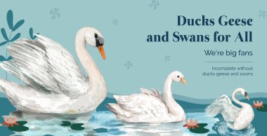 Ördek ve kuğu konseptli billboard şablonu, suluboya stil