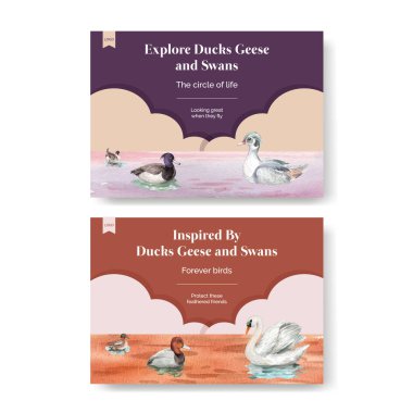 Ördek ve kuğu konseptli bir kartpostal şablonu, suluboya stil