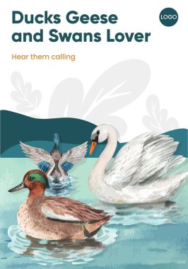 Ördek ve kuğu konseptli poster şablonu, suluboya stil