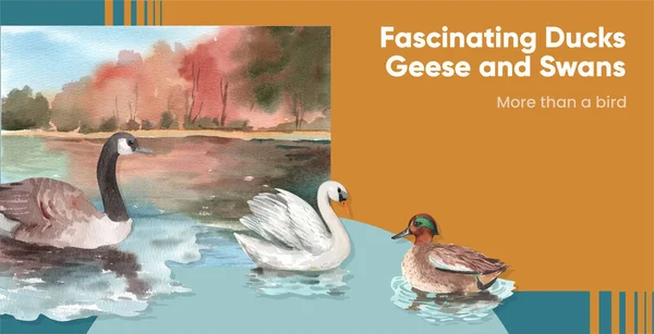 Ördek ve kuğu konseptli billboard şablonu, suluboya stil