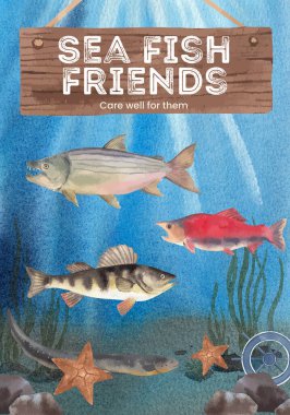 Deniz balığı konseptli poster şablonu, suluboya tarzı.