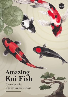 Koi balığı konseptli poster şablonu, suluboya tarzı