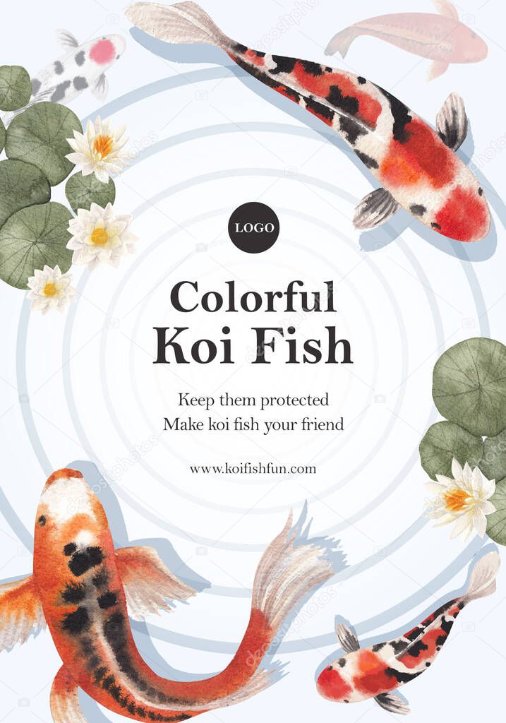 Poster template with koi fish concept,watercolor style