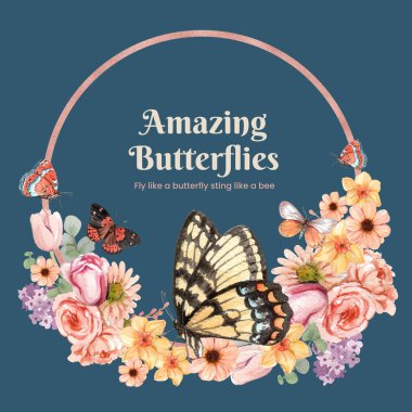 Kırmızı ve turuncu kelebek desenli çelenk, suluboya stil