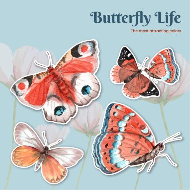 Kırmızı ve turuncu kelebek konseptli çıkartma şablonu, suluboya stil