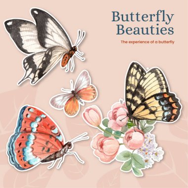 Kırmızı ve turuncu kelebek konseptli çıkartma şablonu, suluboya stil