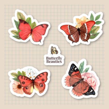 Kırmızı ve turuncu kelebek konseptli çıkartma şablonu, suluboya stil