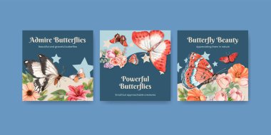 Kırmızı ve turuncu kelebek konseptli pankart şablonu, suluboya stil