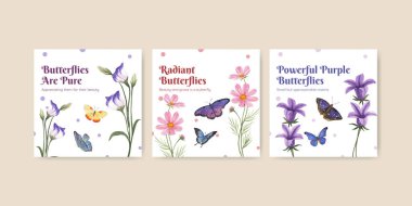 Mor ve mavi kelebek konsepti olan pankart şablonu, suluboya stil