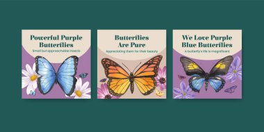 Mor ve mavi kelebek konsepti olan pankart şablonu, suluboya stil