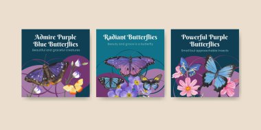 Mor ve mavi kelebek konsepti olan pankart şablonu, suluboya stil