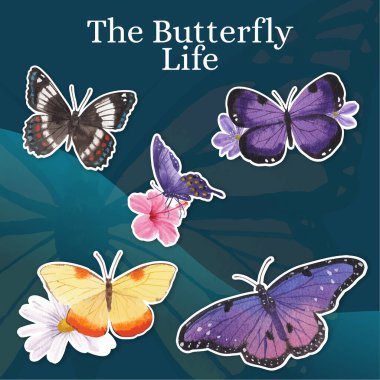 Üzerinde mor ve mavi kelebek konsepti olan çıkartma şablonu, suluboya stil