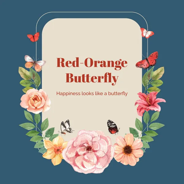 Kranz Vorlage Mit Rotem Und Orangefarbenem Schmetterlingskonzept Aquarell Styling — Stockvektor