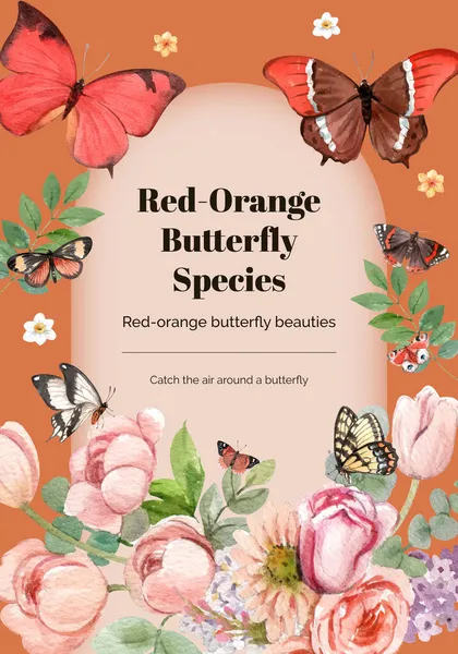 Postervorlage Mit Rotem Und Orangefarbenem Schmetterlingskonzept Aquarell Styling — Stockvektor