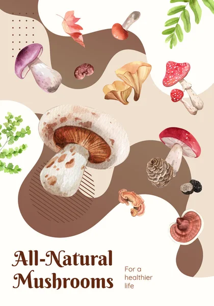 带有蘑菇和森林植物概念 水彩画样式的海报模板 — 图库矢量图片