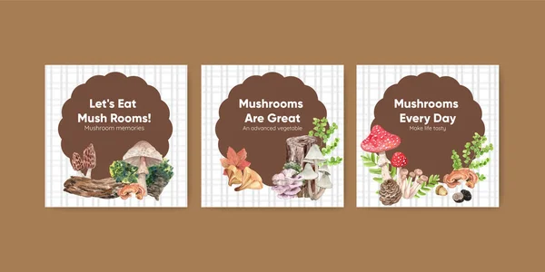 Banner Template Mushroom Forest Plants Concept Watercolor Styl — Stock Vector