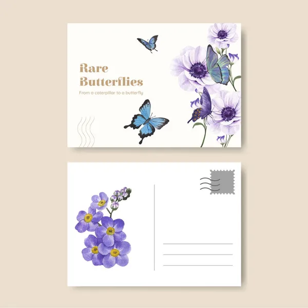 Plantilla Postal Con Concepto Mariposa Púrpura Azul Estilo Acuarela — Vector de stock