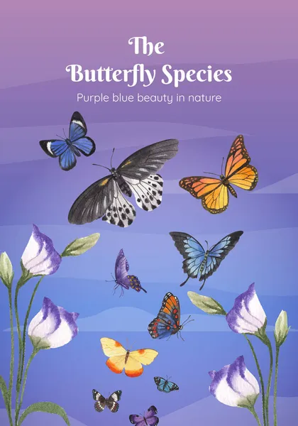 Poster Vorlage Mit Lila Und Blauen Schmetterlingskonzept Aquarell Styling — Stockvektor