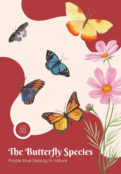 Poster Vorlage Mit Lila Und Blauen Schmetterlingskonzept Aquarell Styling — Stockvektor