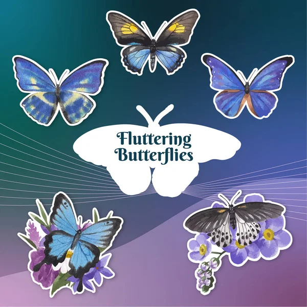Aufkleberschablone Mit Lila Und Blauen Schmetterlingskonzept Aquarell Styling — Stockvektor