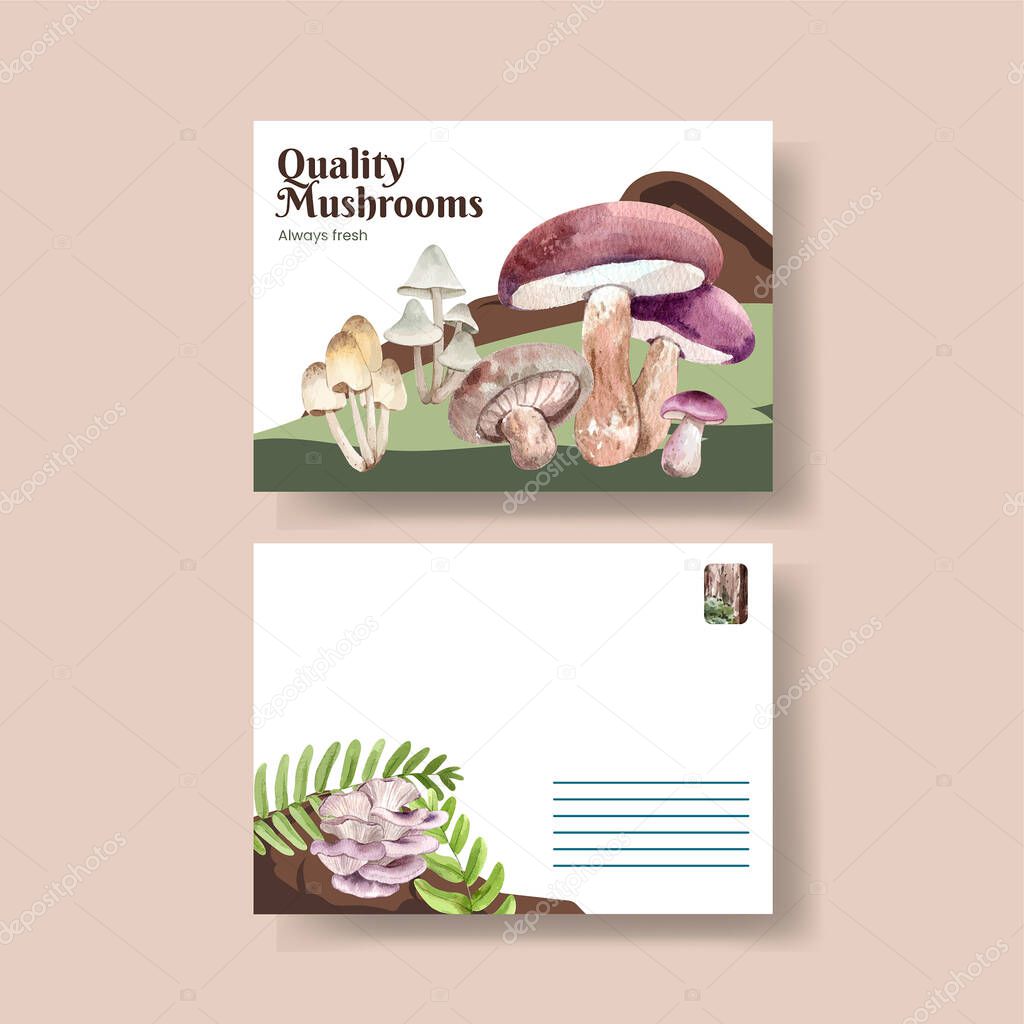 Postcard template with mushroom and forest plants concept,watercolor styl