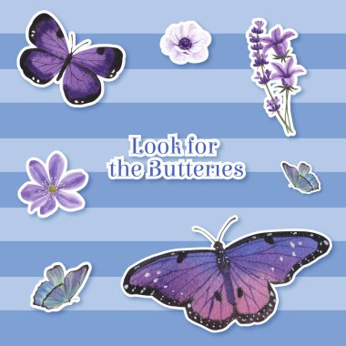 Üzerinde mor ve mavi kelebek konsepti olan çıkartma şablonu, suluboya stil