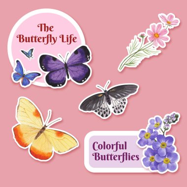 Üzerinde mor ve mavi kelebek konsepti olan çıkartma şablonu, suluboya stil