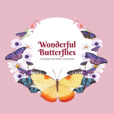 Mor ve mavi kelebek desenli çelenk, suluboya stil