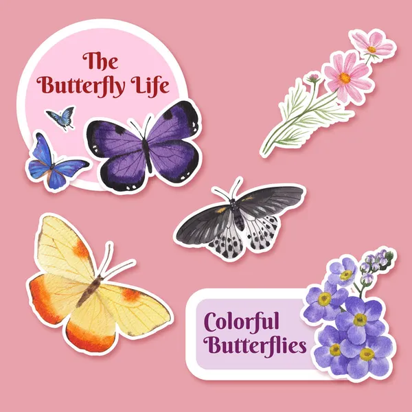 Üzerinde mor ve mavi kelebek konsepti olan çıkartma şablonu, suluboya stil