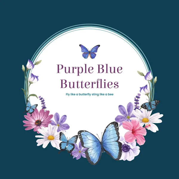 Kranz Vorlage Mit Lila Und Blauen Schmetterlingskonzept Aquarell Styling — Stockvektor
