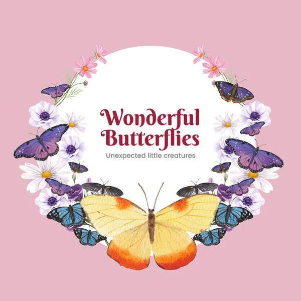 Mor ve mavi kelebek desenli çelenk, suluboya stil