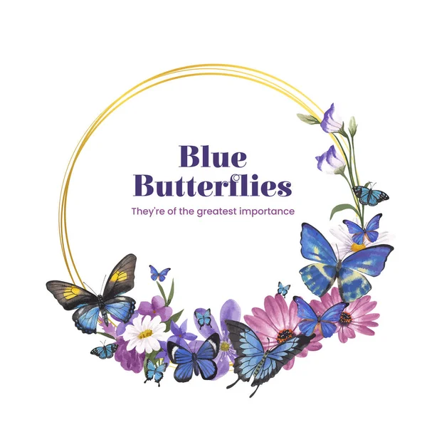 Kranz Vorlage Mit Lila Und Blauen Schmetterlingskonzept Aquarell Styling — Stockvektor